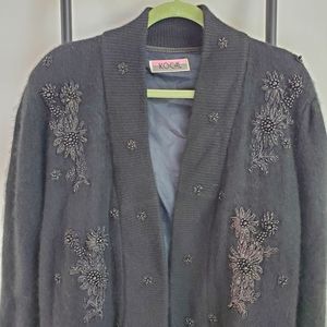 Vintage 90s Kocal Angora blend black beaded open front cardigan sweater grunge
